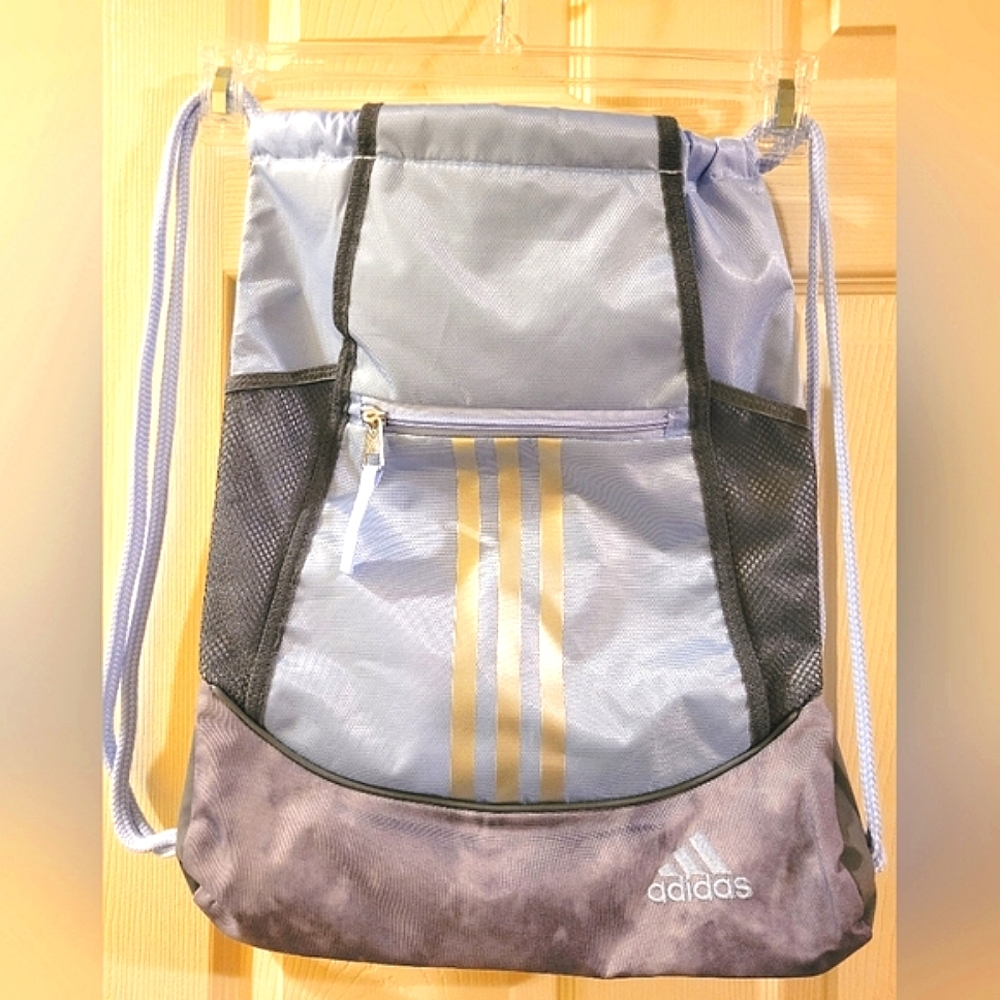 NWOT Adidas drawstring backpack sling bag light blue with gray Stripe